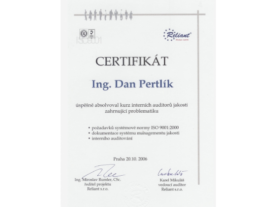 Internal auditor of quality certificate