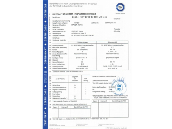 TÜV SÜD Czech certificate, Martin Hynek