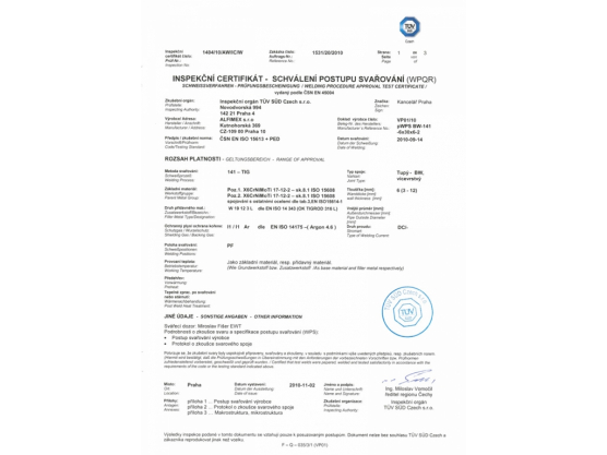 TÜV SÜD Czech Inspection certificate 01