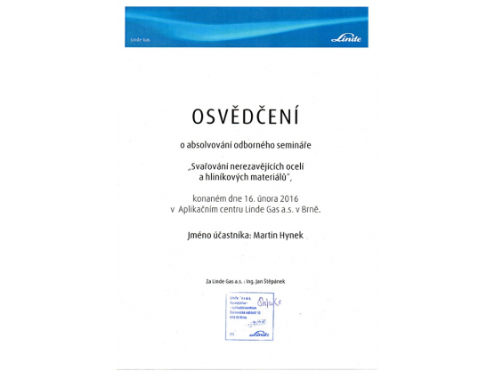 "Welding of stainless steels and aluminium materials" Certification, Martin Hynek